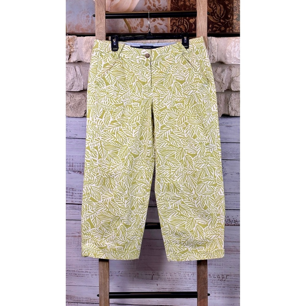 Lands End Womens 10 Green White Cotton Leaf Print Cropped Pants Capris